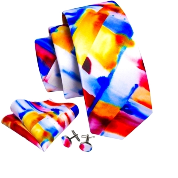 NWT Barry Wang 3pcs Tie set, 100 % silk necktie,cufflinks ,pocket square - Picture 1 of 16